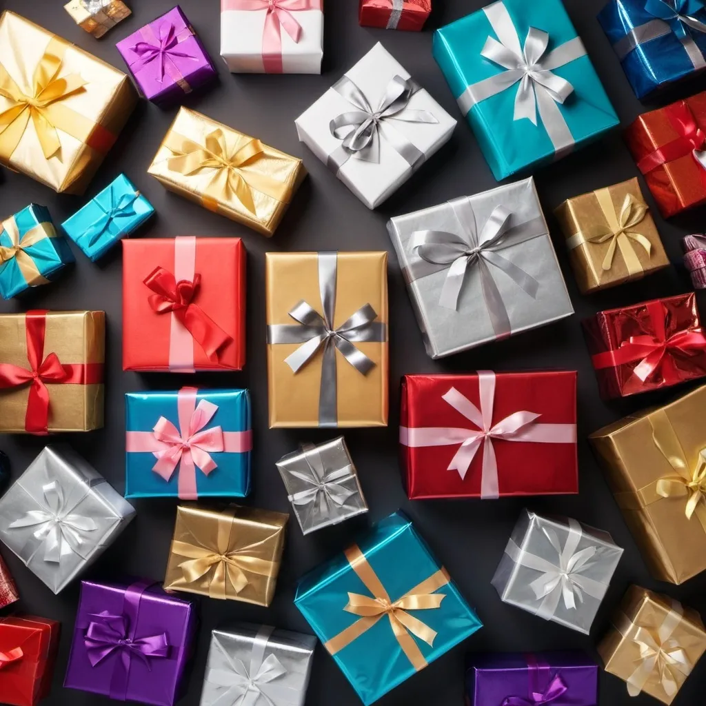 Prompt: Pile of shiny presents, different colors, ribbons and metallic paper