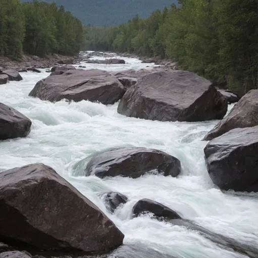 Prompt: White rapids over jagged rocks