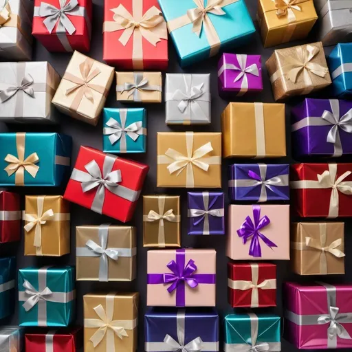 Prompt: Boxes stacked in a High Pile of shiny presents, different colors, ribbons and metallic paper