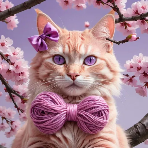 Prompt: Photorealistic pink cat with purple bow on head, playing with purple yarn under cherry blossom tree