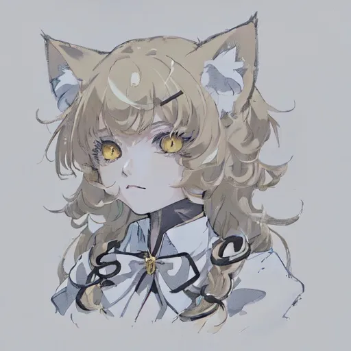 Prompt: Cat girl with white jellyfish styled hair and gold highlights and yellow eyes with a scissor hairpin wearing a brown coat and white polo shirt with a brown tie