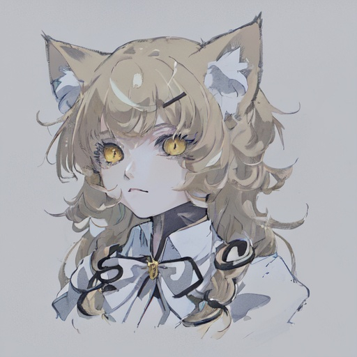 Prompt: Cat girl with white jellyfish styled hair and gold highlights and yellow eyes with a scissor hairpin wearing a brown coat and white polo shirt with a brown tie