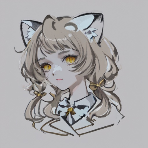 Prompt: Cat girl with white jellyfish styled hair and gold highlights and yellow eyes with a scissor hairpin wearing a brown coat and white polo shirt with a brown tie