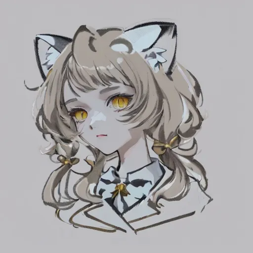 Prompt: Cat girl with white jellyfish styled hair and gold highlights and yellow eyes with a scissor hairpin wearing a brown coat and white polo shirt with a brown tie