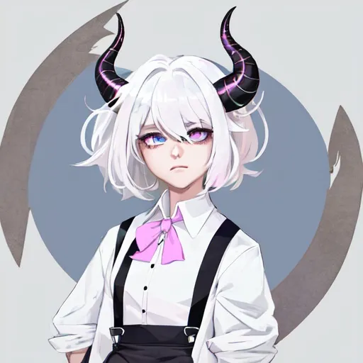 Prompt: Urban dragon girl portrait white hair pink highlights black horns blue eyes wearing white polo shirt with suspenders and a white jacket with blue lining