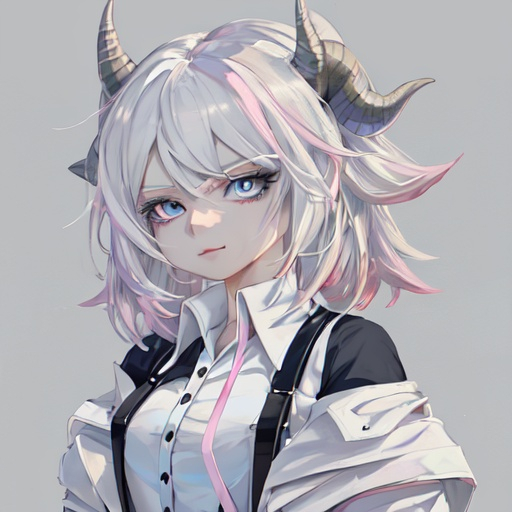 Prompt: Urban dragon girl portrait white hair pink highlights black horns blue eyes wearing white polo shirt with suspenders and a white jacket with blue lining