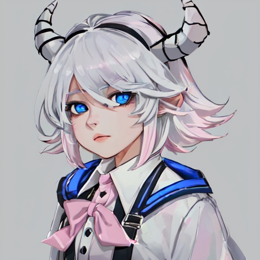 Prompt: Urban dragon girl portrait white hair pink highlights black horns blue eyes wearing white polo shirt with suspenders and a white jacket with blue lining