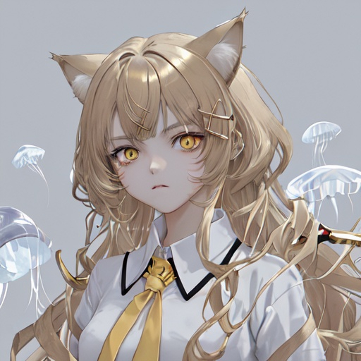 Prompt: Cat girl with white jellyfish styled hair and gold highlights and yellow eyes with a scissor hairpin wearing a brown coat and white polo shirt with a brown tie