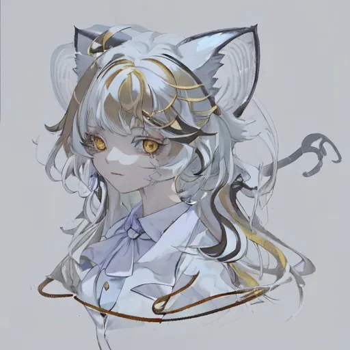 Prompt: Cat girl with jellyfish styled white hair with a gold streak of hair and yellow eyes with a scissor hairpin wearing a brown coat and white polo shirt with a brown tie