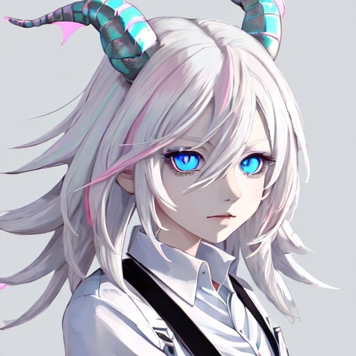 Prompt: Urban dragon girl portrait white hair pink highlights black horns blue eyes wearing white polo shirt with suspenders and a white jacket with blue lining