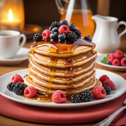 Prompt: ($100 pancake), (lavishly stacked pancakes), golden maple syrup cascading down, topped with fresh berries, warm and inviting hues, soft lighting to highlight textures, cozy breakfast setting, appealing presentation, gourmet dish, ultra-detailed, appetizing ambiance, enticing aroma, high-quality photography, beautifully arranged, inviting atmosphere.