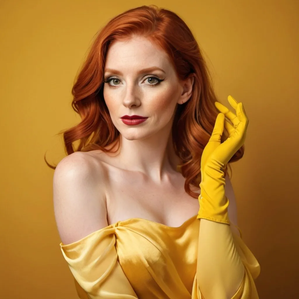 Prompt: Create a very beautiful red-haired girl of about 30 years old in a yellow evening chiffon dress with open shoulders. She has yellow elbow-length gloves on her hands. She is wearing sophisticated, complex makeup. The girl poses beautifully on a yellow satin background. background.