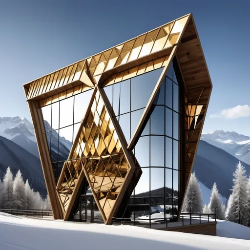 Prompt: Create a large  luxury ski
Hotel  building exterior  with mirrored glass as windows resembling diamonds gold mirror material and wood grain with
