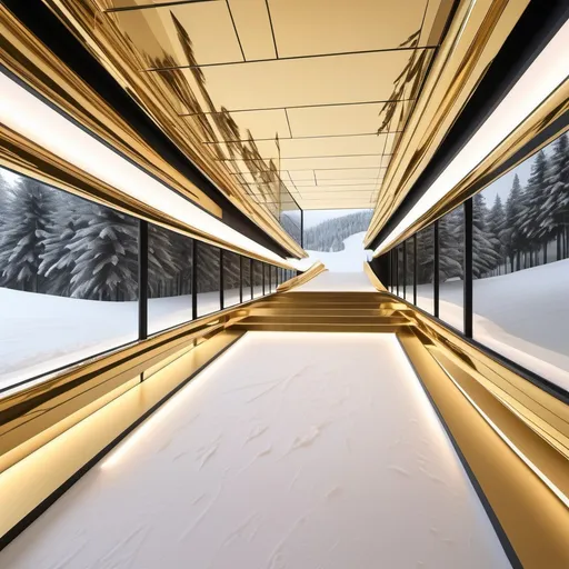 Prompt: Create a luxury ski slope outlined in gold mirrored material 
