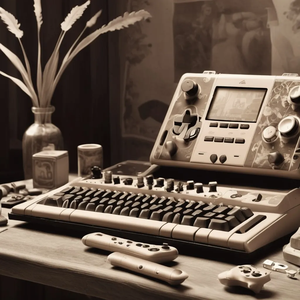 Prompt: Replace objects with gaming gear and make it sepia tone