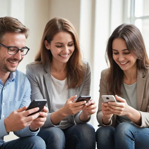 Prompt: Image of happy adults using smartphones to access legal help