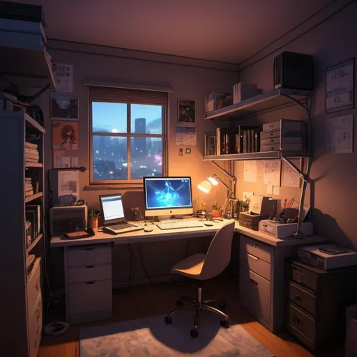 Prompt: An anime-style, cyber, dim-lit, bedroom with a working station desk