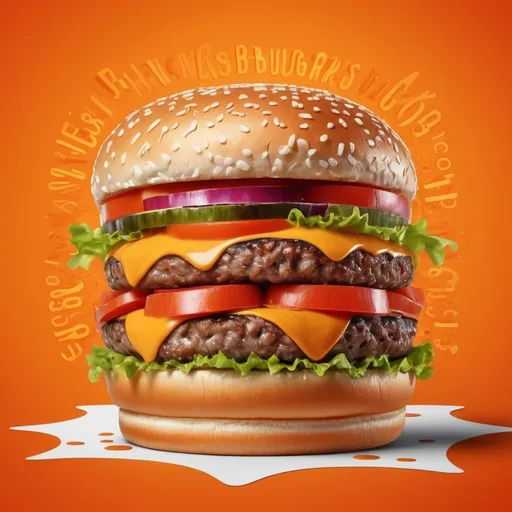 Prompt: (whimsical hamburger advertisement), vibrant orange background, eye-catching design, juicy burger layers with toppings, glossy finish, stylish typography, ultra-detailed, appetizing photography, bright and cheerful atmosphere, textured elements for depth, modern and attractive layout, mouth-watering presentation, high-quality visuals, inviting and delicious vibe.