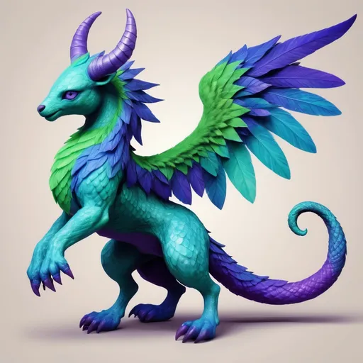 Prompt: A new mythical creature which has 3 horns, wings, scales, fur, claws. It's made up of 3 different animals and is blue, green and purple in colour. 