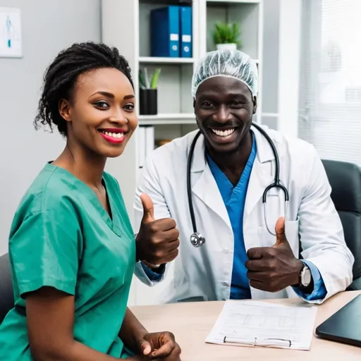 Prompt: an african doctor is in the office with an african patient, they are both looking at us, the doctor is giving a thumbs up, the patient is smiling 