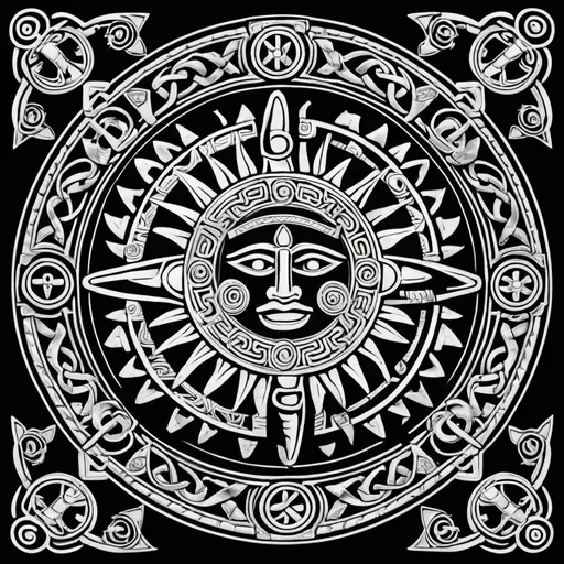 Prompt: Aztec sun outline with solar symbols, ANX, Celtic, Templar, Maltese, Jerusalem, Xiro, Kolovrat, black lines, coloring book, high quality, intense lighting