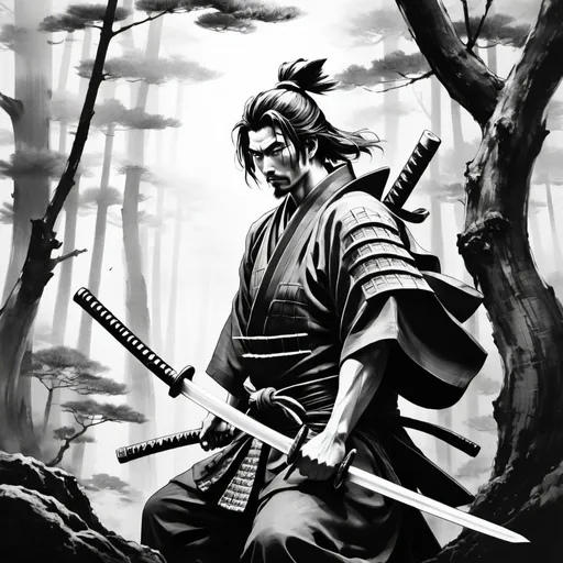 Prompt: anime samurai guarding a sword in forest black and white calligraphy
