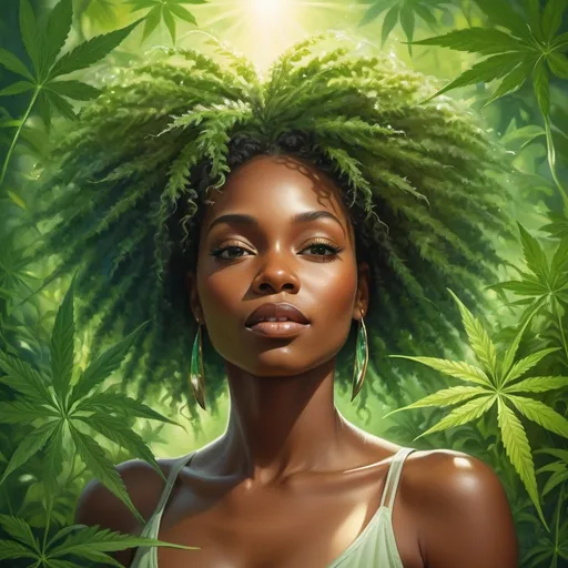 Prompt: A WEED PLANT WITH A BEAUTIFUL BLACK WOMAN COMING OUT THE MIDDLE OF THE PLANT