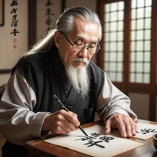 Prompt: a white man european type about 70 years with long haie black and silver with pigtail, with a goatee silver and long, glasses and doing chinese calligraphy
