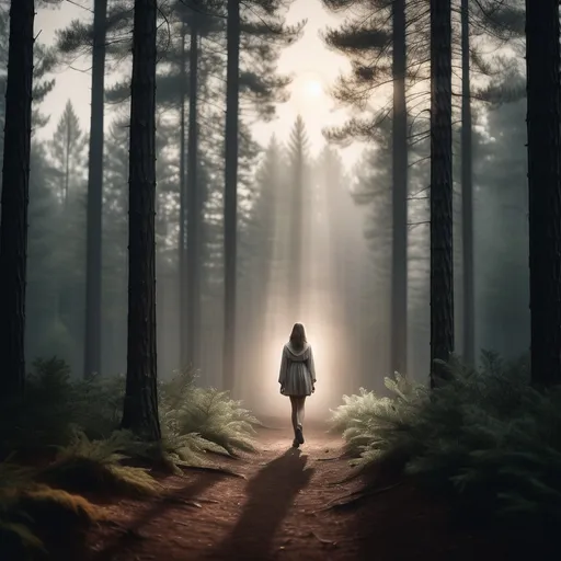 Prompt: "A lone realistic girl walking on a dark foggy forest trail at moonrise, white light piercing through tall pine trees, rays creating magical beams, dewy ground reflecting soft light, cinematic atmosphere, hyper-realistic, moody and peaceful, shot with a 50mm lens feel, muted earth tones, perfect symmetry.