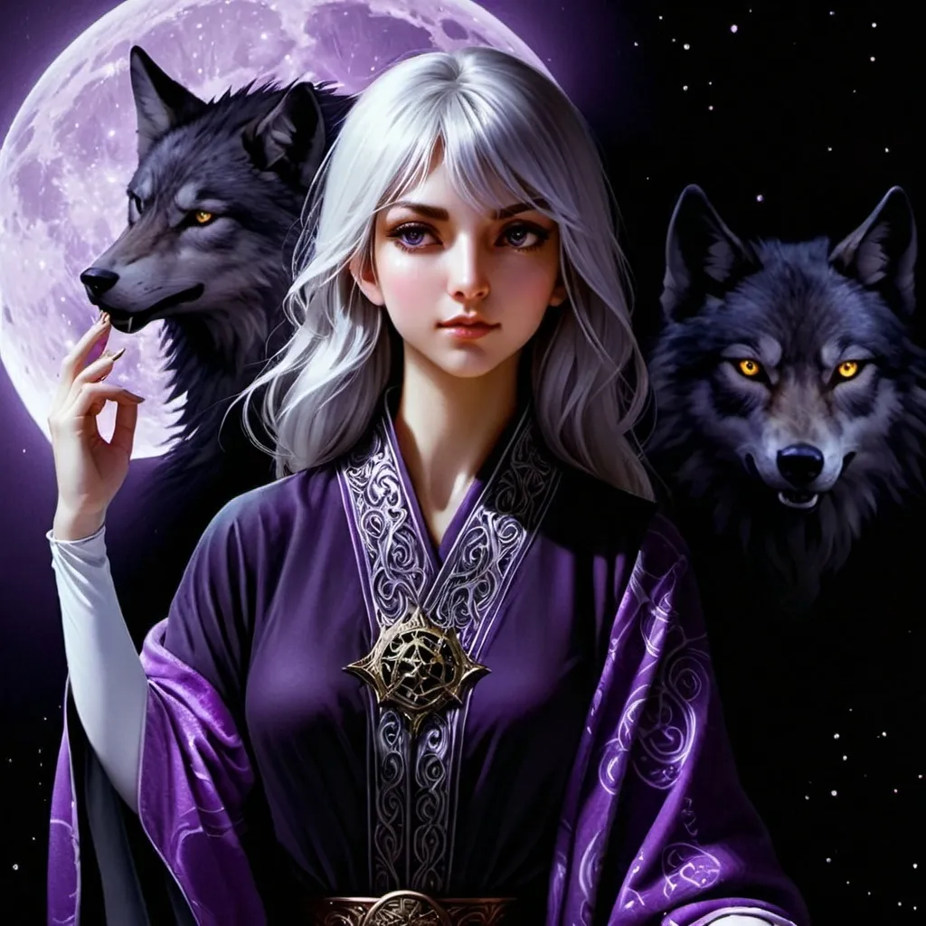 Prompt: tarot card Anime illustration, a silver-haired woman, detailed ornate cloth robe, dramatic lighting surrounded by wolves the moon glowing purple