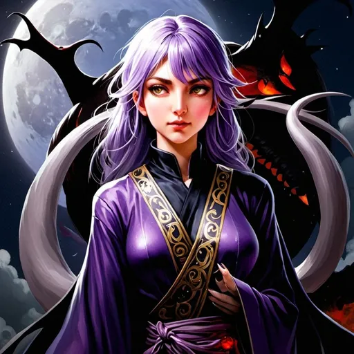 Prompt: tarot card Anime illustration, a purple-haired woman, detailed silk cloth robe with the moon on it with cleavage showing, dramatic lightning surrounded by a red Dragon with a waxing moon in the background