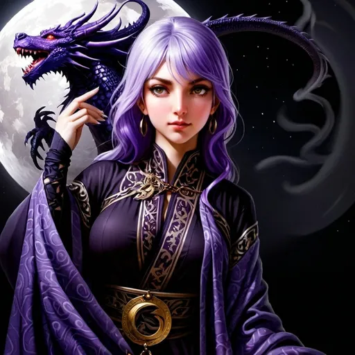 Prompt: tarot card Anime illustration, a purple-haired woman, detailed ornate cloth robe with cleavage showing, dramatic lighting surrounded by a red Dragon with a waxing moon in the background