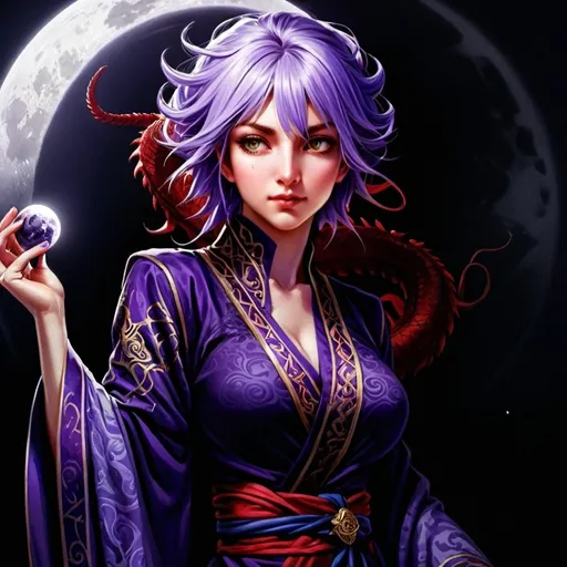 Prompt: tarot card Anime illustration, a purple-haired woman, detailed ornate cloth robe with cleavage showing, dramatic lighting surrounded by a red Dragon with a waxing moon in the background