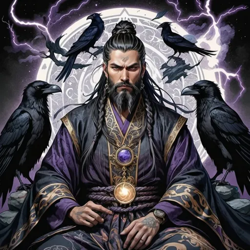 Prompt: tarot card Anime illustration, a black-haired man with a full braided beard, detailed ornate cloth robe, dramatic purple lightening sounded by Black Ravens,