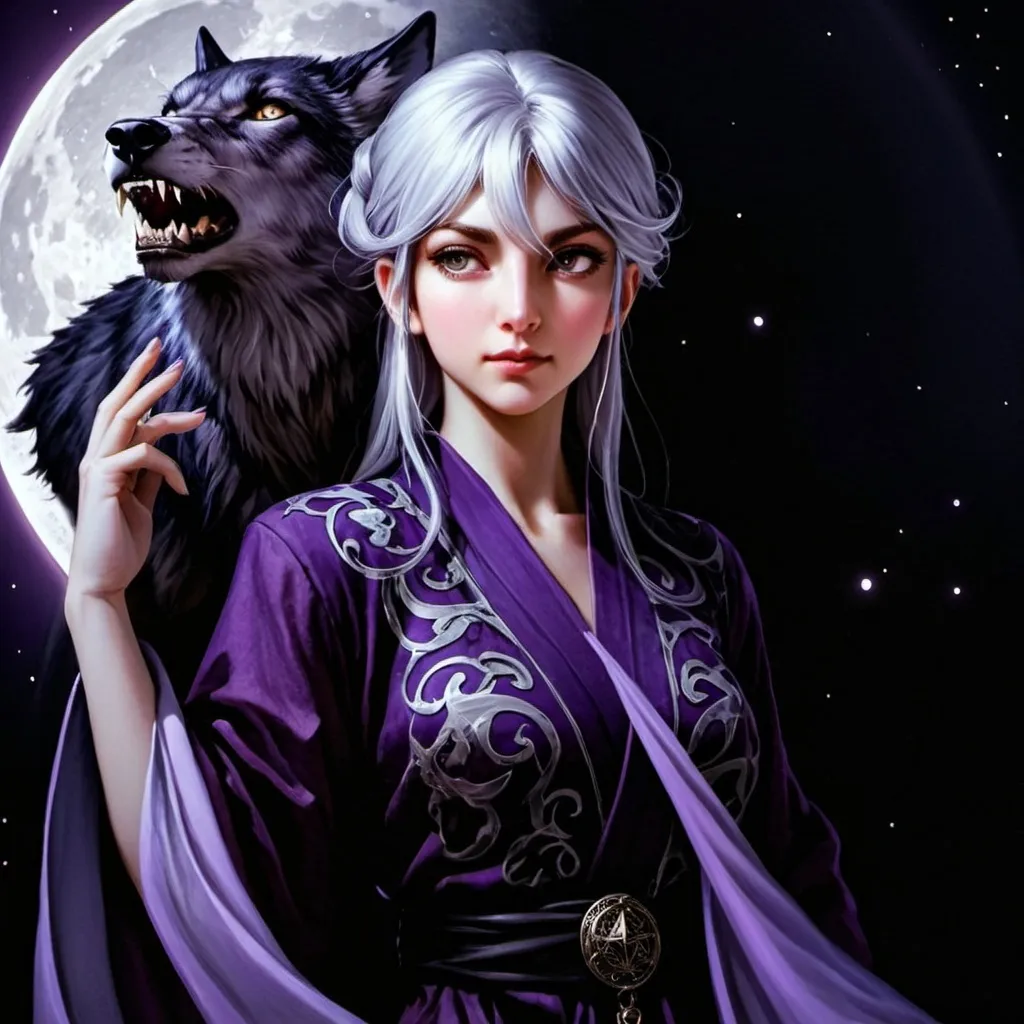 Prompt: tarot card Anime illustration, a silver-haired woman, detailed ornate cloth robe, dramatic lighting surrounded by wolves the moon glowing purple