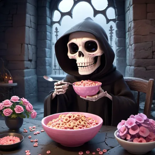 Prompt: Disney-style illustration of a cute pink grim reaper eating a bowl of cereal, at a stone table in the underworld covered in skulls and flowers