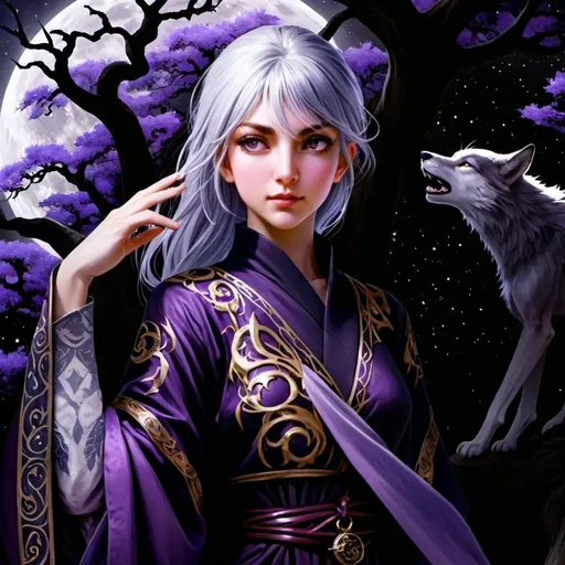 Prompt: tarot card Anime illustration, a silver-haired woman, detailed ornate cloth robe, dramatic lighting surrounded by wolves the moon glowing purple, with a giant purple willow tree