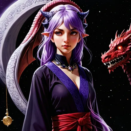 Prompt: tarot card Anime illustration, a purple-haired woman, detailed ornate cloth robe with cleavage showing, dramatic lighting surrounded by a red Dragon with a waxing moon in the background