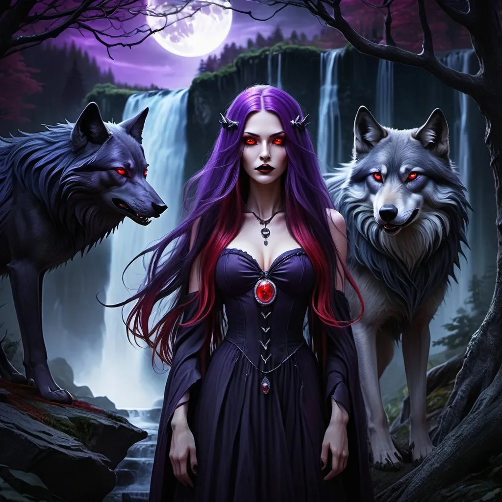 Prompt: beautiful dark witch with long purple hair and red eyes in a mystical forest with the light of the full moon in the background, a waterfall in the distance, as a wolf stand near protecting her