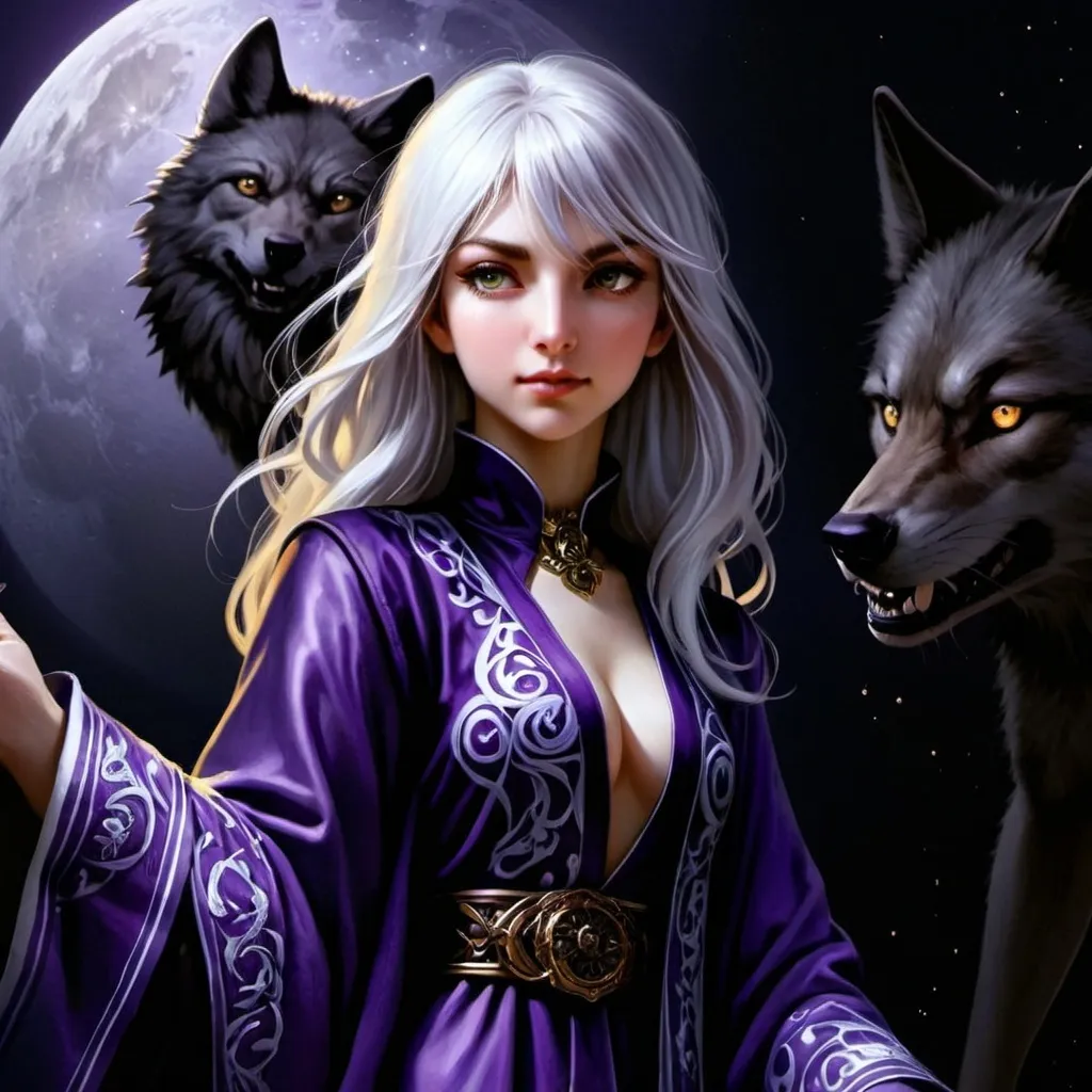 Prompt: tarot card Anime illustration, a silver-haired woman, detailed ornate cloth robe, dramatic lighting surrounded by wolves the moon glowing purple