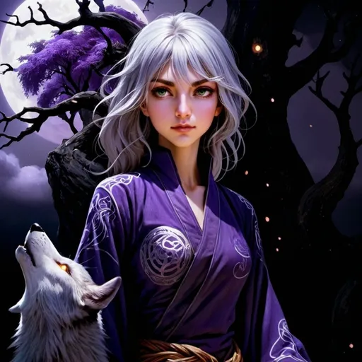 Prompt: tarot card Anime illustration, a silver-haired woman, detailed ornate cloth robe, dramatic lighting surrounded by wolves the moon glowing purple, with a giant purple willow tree