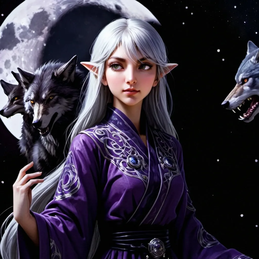 Prompt: tarot card Anime illustration, a silver-haired woman, detailed ornate cloth robe, dramatic lighting surrounded by wolves the moon glowing purple