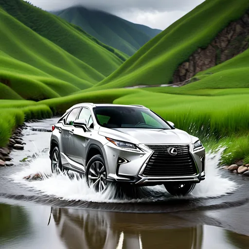 Prompt: Lexus rx 350 2016 model cardoing water crossing splashing water and background surrounded by green mountain