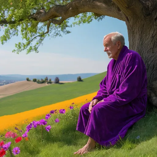 Prompt: an older man wearing a purple robe sitting beneath a old tree on a grassy hill looking at a field of bright different colored flowers