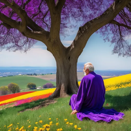 Prompt: an older man wearing a purple robe sitting beneath a old tree on a grassy hill looking at a field of bright different colored flowers