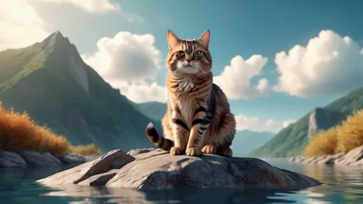 Prompt: A Cat is sitting on mountain piece floating in the air, on top sky background cinematic dramatic, on down land and water filled creatively, Colors, 8K, 3d