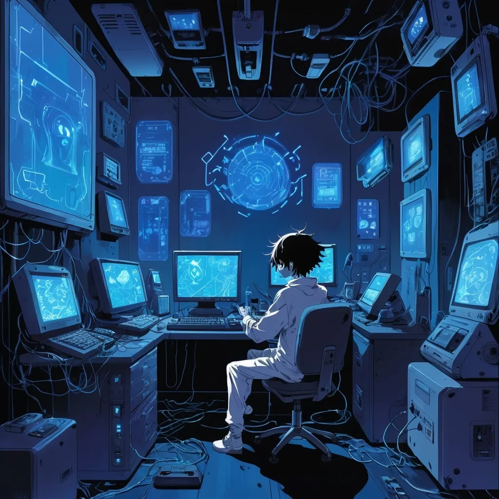 Prompt: 2d dark j horror anime style, boy, anime scenepainting of Cyber y2k aesthetic blue translucent gadgets and shapes, surreal space, 2000s