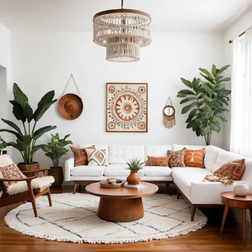 Prompt:  white boho mid century living room
 hd