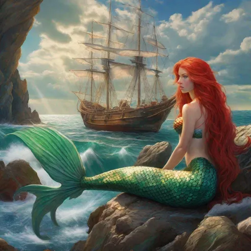 Prompt: Mermaid with long red hair, green scaly tail and fins, sitting on rocky shore, choppy seas, sailing ship in the background, fluffy white clouds, bright sunshine, highres, detailed scales, fantasy, vibrant colors, natural lighting