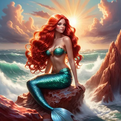 Prompt: Mermaid with long red hair sitting on rock, mermaid tail, fluffy clouds, sunshine, red sand, surf splashing over rocks, fantasy style, high quality, detailed, vibrant colors, fantasy art, dynamic waves, radiant sunshine, long red hair, mermaid tail, tranquil, ethereal lighting